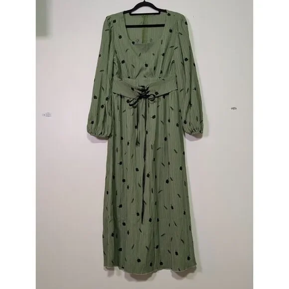 Sage Green Botanical Maxi Dress Corset Waist Cottagecore Small - Picture 2 of 6